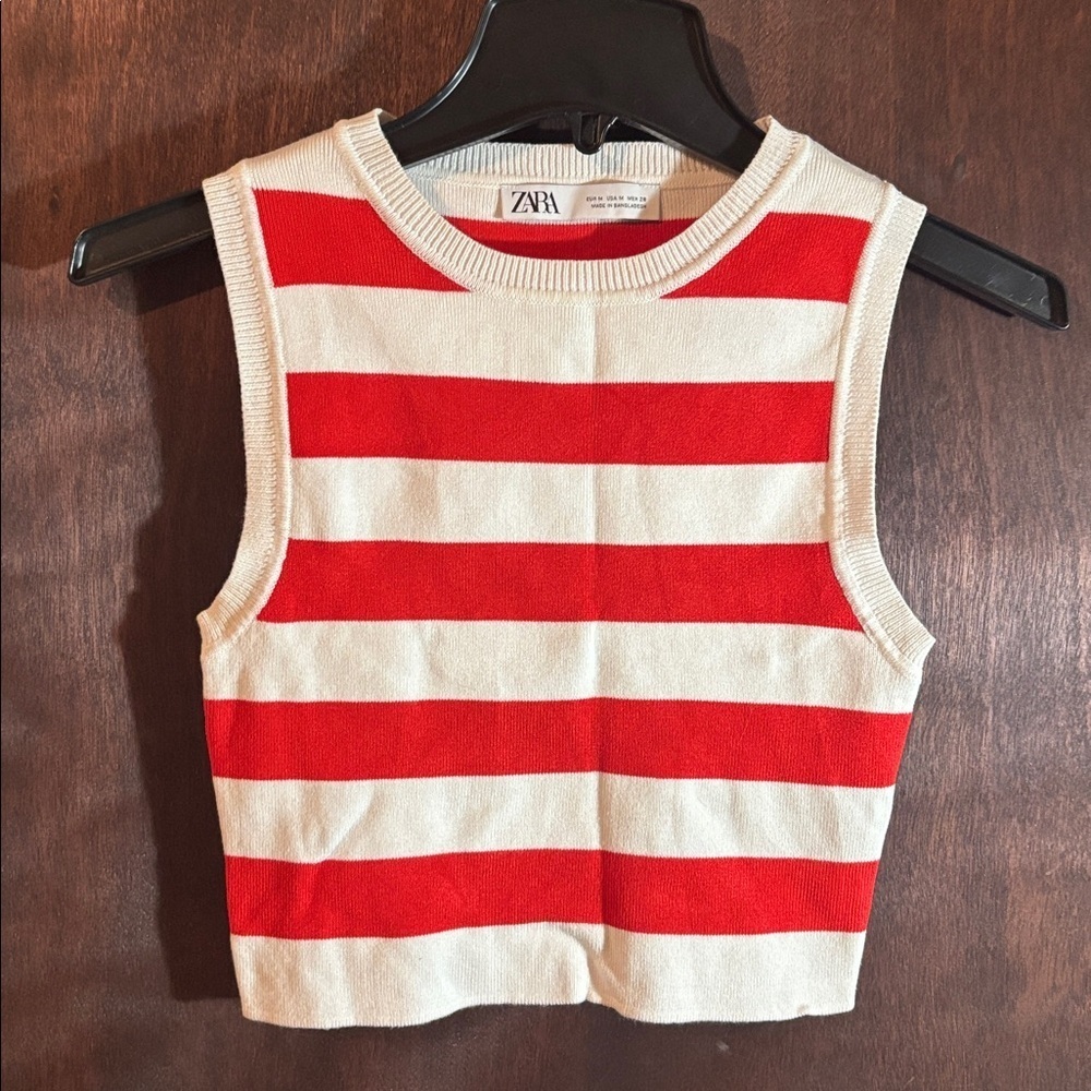 ZARA Red and white stripe cropped knit top - Picture 3 of 5